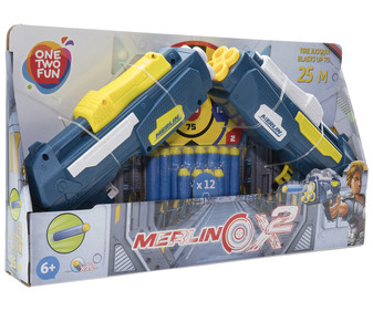 Pack de 2 lanzadores mas 12 dardos, alcance hasta 25m. ONE TWO FUN ALCAMPO. Pack de 2 lanzadores mas 12 dardos, alcance hasta 25m. ONE TWO FUN ALCAMPO.