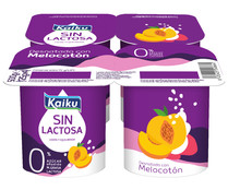 Yogur desnatado 0% materia grasa, sin lactosa ni azúcares añadidos, con melocotón KAIKU Sin lactosa 4 x 125 g.