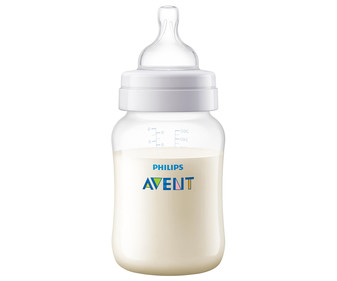 Biberón con anillo adaptador, capacidad de 260 ml y sistema anticólicos AVENT de Philips. Biberón con anillo adaptador, capacidad de 260 ml y sistema anticólicos AVENT de Philips.