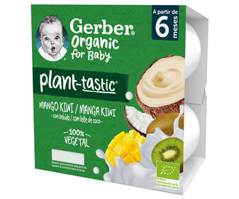 Postre 100% vegetal infantil con bebida de coco, mango y kiwi ecológicos, a partir de 6 meses GERBER Organic 4 x 90 g.