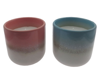 Vela en vaso de cerámica, azul y rosa, 7,5x7 cm, ACTUEL. Vela en vaso de cerámica, azul y rosa, 7,5x7 cm, ACTUEL.