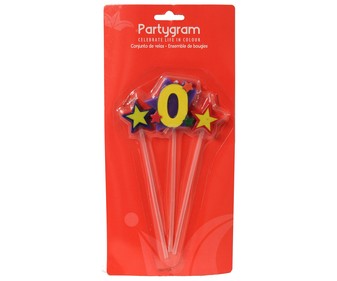Pack de tres velas de cumpleaños, 2 estrellas y número 0 PARTYGRAM. Pack de tres velas de cumpleaños, 2 estrellas y número 0 PARTYGRAM.