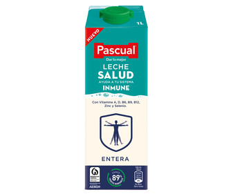 Leche entera de vaca, con vitaminas A, D, B6, B9 y B12, Zinc y Selenio PASCUAL Inmune 1 l. Leche entera de vaca, con vitaminas A, D, B6, B9 y B12, Zinc y Selenio PASCUAL Inmune 1 l.