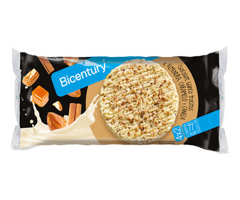 Tortitas de arroz con chocolate blanco y trocitos de almendra, caramelo y canela 4x2 BICENTURY 138 g. Tortitas de arroz con chocolate blanco y trocitos de almendra, caramelo y canela 4x2 BICENTURY 138 g.