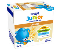 Leche (2) de crecimiento con cereales, a partir de 3 años NESTLÉ Junior 6 x 1 l.