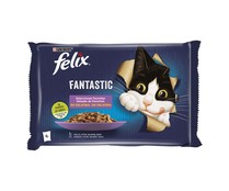 Comida para gatos adultos a base de buey, pollo, salmón y atún FELIX 4 unidades de 85 g.