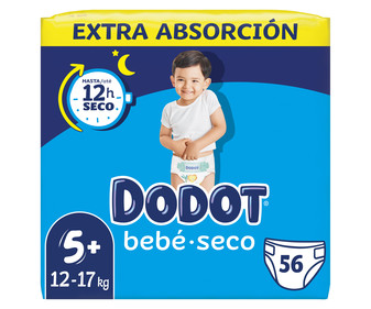 Pañales talla 5+, para niños de 12 a 17 kilogramos DODOT Bebé-seco 56 uds. Pañales talla 5+, para niños de 12 a 17 kilogramos DODOT Bebé-seco 56 uds.