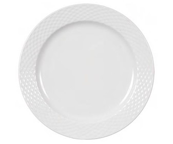 Plato llano de cerámica color blanco con filo diseño trenzado, 27 centímetros de diámetro EFG. Plato llano de cerámica color blanco con filo diseño trenzado, 27 centímetros de diámetro EFG.