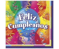 Servilletas desechables, estampado Feliz cumpleaños, 33x33cm., PARTYGRAM 16  uds.