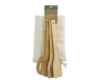 Set de 4 utensilios de bambú y bolsa de algodón, 48x33 cm, TABERSEO.