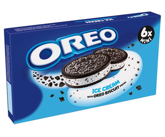 Mini sándwich helado que imita tanto en forma como en sabor a una galleta OREO 6 x 55 ml. Mini sándwich helado que imita tanto en forma como en sabor a una galleta OREO 6 x 55 ml.