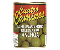 Aceitunas verdes varidad Manzanilla finas, rellenas de anchoa CUATRO CAMINOS 120 g.
