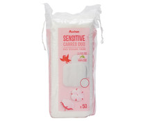 Cuadrados desmaquillantes de algodón 100%, con aloe vera PRODUCTO ALCAMPO Sensitive 50 uds.