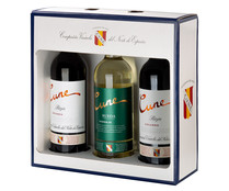 Estuche con botellas de vino tinto crianza con DOC Rioja y botella de vino blanco con DO Rueda CUNE.