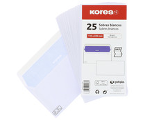 Paquete de 25 sobres de tamaño 110 x 200 mm, peso de 90 g/m² y de color blanco KORES.