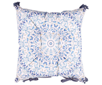 Cojín para silla con pompones y diseño mandala en tonos azules, 40x40cm., TEXTIL HOGAR. Cojín para silla con pompones y diseño mandala en tonos azules, 40x40cm., TEXTIL HOGAR.