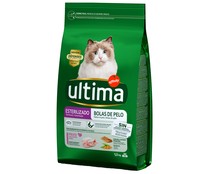 Pienso para gatos esterilizados a base pavo y cebada, control de bolas de pelo ULTIMA bolsa 1,5 kg.