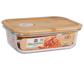 Recipiente hermético rectangular fabricado en vidrio con tapa de bambú y válvula de vapor, 0,6 litros, Bio QUTTIN.