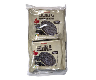 Tortitas de arroz integral con chocolate negro AUCHAN pack de 4 uds x 26 g. Tortitas de arroz integral con chocolate negro AUCHAN pack de 4 uds x 26 g.
