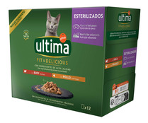 Pienso para gatos esterilizados húmedo a base de pollo y buey ULTIMA 12 uds. 85 gr.