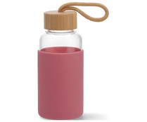 Botella de vidrio 0,3 litros con funda de silicona color rosa y tapa de bambú QUID.