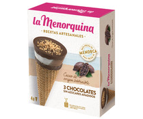Cono de helado de 3 chocolates sin azúcares añadidos LA MENORQUINA Recetas artesanales 4 x 120 ml.
