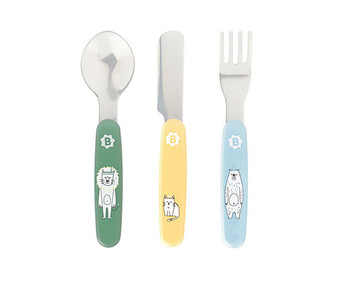 Set de tenedor, cuchillo y cuchara de metal, BADABULLE. Set de tenedor, cuchillo y cuchara de metal, BADABULLE.