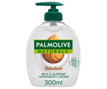 Jabón hidratante de manos líquido sin jabón, enriquecido con leche y almendras PALMOLIVE Naturals 300 ml.