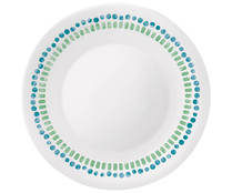 Plato llano redondo de vidrio opal color blanco con decoración azul y verde, Mediterraneo BORMIOLI ROCCO.