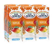 Bebida de fruta y leche, Tropical, 0% materia grasa DON SIMON Funciona max 6 x 200 ml.