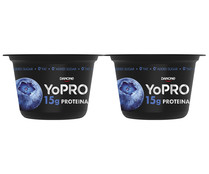 Yogur con arándanos y proteínas,  sin azúcares añadidos ni grasa YOPRO de Danone 2 x 160 g.