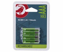 Pack de 4 pilas recargables AAA, Ni-MH, HR03, PRODUCTO ECONÓMICO ALCAMPO, 750 mAh.