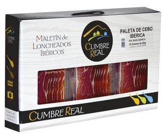 Paleta ibérica de cebo cortado en lonchas CUMBRE REAL 18 sobres. Paleta ibérica de cebo cortado en lonchas CUMBRE REAL 18 sobres.